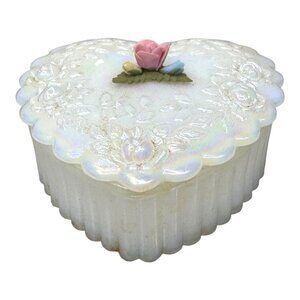 Fenton Pearly Sentiments Opaline Iridescent Heart Shaped Glass Trinket Box 4"